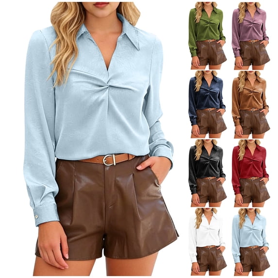 Women's V Neck Long Sleeve Blouse Top Shirt Tunic with Collar Front Solid Color Casual Business Work Office Vacation Outfits Fashion Essential Gift for Women | Aestivo,Navy L