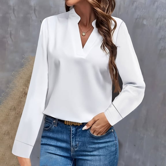 Women's V Neck Long Sleeve Blouse Tops Casual Lightweight Solid Color Shirts Spring Summer Loose Comfy Basic Pullover White S