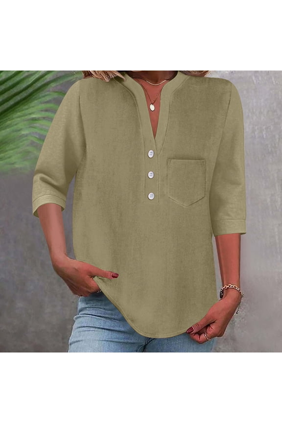 Women's V-Neck Long Sleeve Blouse with Pocket - Soft Cotton Linen Blend Casual Loose Fit T-Shirt Top