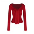 thumbnail image 1 of Women’s V Neck Long Sleeve Bow Detail Top Slim Fit Basic Layering Tee Elegant Casual Shirt Date Night Essential Everyday Wear, 1 of 10