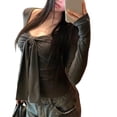 thumbnail image 1 of Women’s V Neck Long Sleeve Bow Detail Top Slim Fit Basic Layering Tee Elegant Casual Shirt Date Night Essential Everyday Wear, 1 of 9