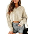 thumbnail image 1 of Women's V Neck Long Sleeve Cable Knit Oversized Cropped Sweater Pullover, 1 of 6
