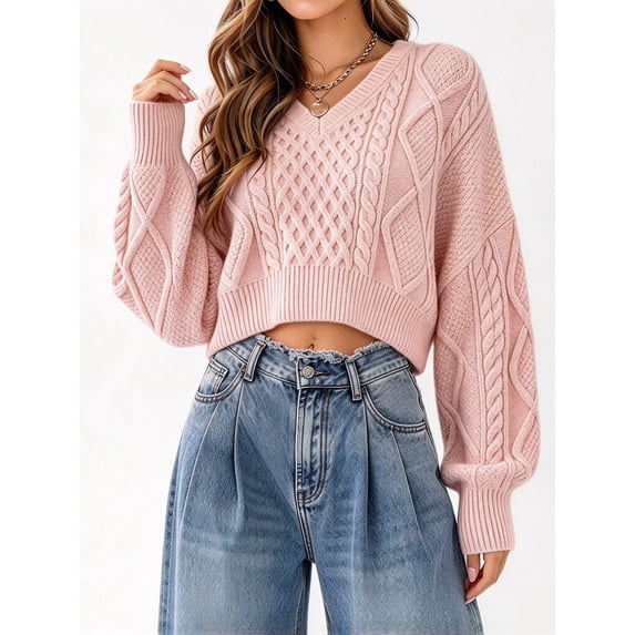 Women's V Neck Long Sleeve Cable Knit Oversized Cropped Sweater Pullover