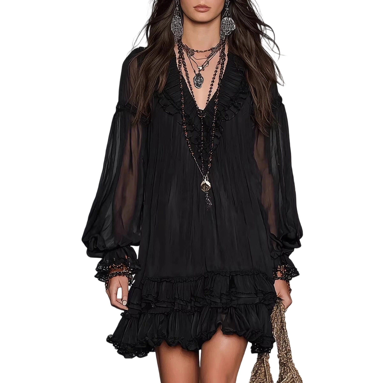 Women's V Neck Long Sleeve Chiffon Mini Dress, Solid Lantern Sleeve Loose Ruffle Hem Boho Swing Short Dress Black L(L)
