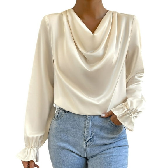 Women's V Neck Long Sleeve Curved Hem Chiffon Blouse Shirts Tops,M,G138824