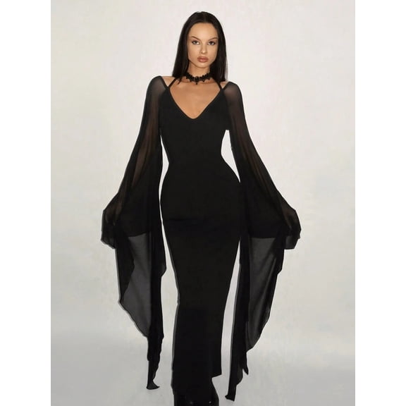 Women's V Neck Long Sleeve Flared Sleeve Fitted Bodycon Maxi Dress Elegant Evening Party Formal Gown Night Out Clubwear