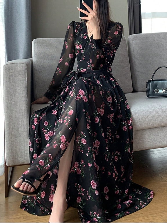 Women's V Neck Long Sleeve Floral Print Maxi Dress, Waist Tie Slim Fit Split Hem A-Line Chiffon Long Dress with Liner for Vacation Dating Outfit