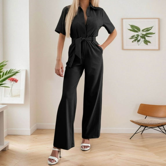 Women's V Neck Long Sleeve Jumpsuit Elegant Wide Leg Romper with Belt and Pockets for Casual Wear
