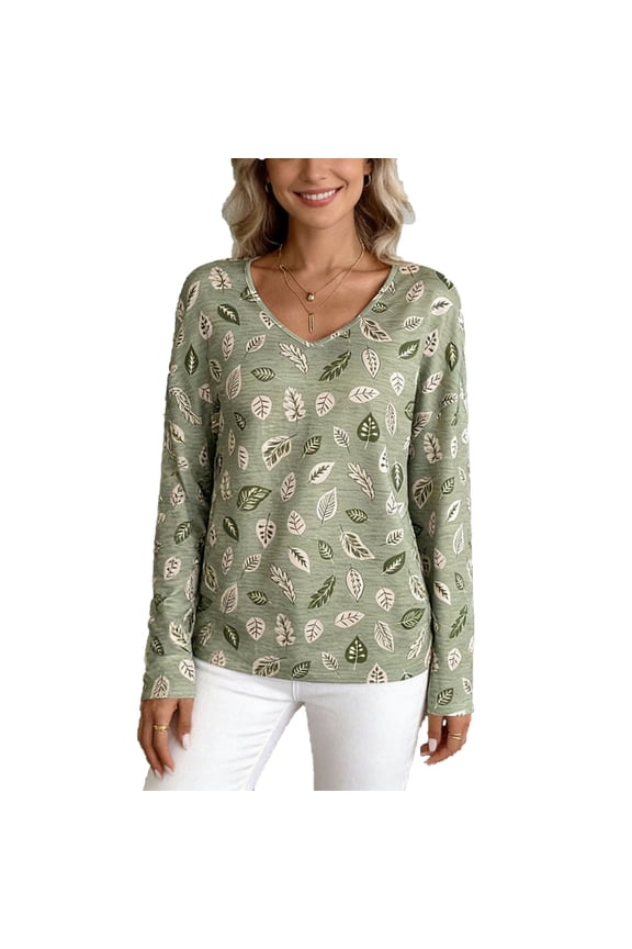 Women's V Neck Long Sleeve Knit Blouse Boho Pattern Print Top for Spring Fall 2026 Casual