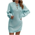 thumbnail image 1 of Women's V Neck Long Sleeve Knit Dress Stretch Elasticity Lace Up Sweater Casual Loose Pullover Mini Sweater Dress, 1 of 9