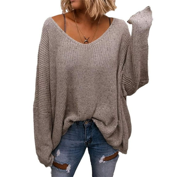 Long Sleeved Fall Winter Women V-neck Loose Sweater Oversize Knit Pullover