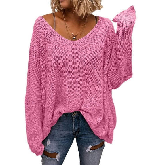 Long Sleeved Fall Winter Women V-neck Loose Sweater Oversize Knit Pullover