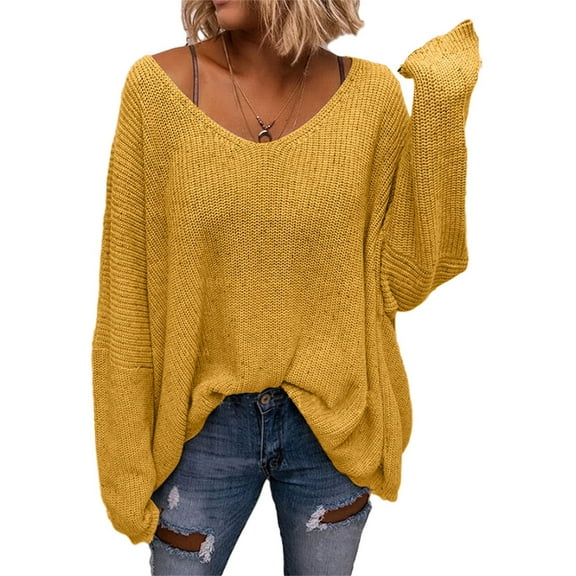 Long Sleeved Fall Winter Women V-neck Loose Sweater Oversize Knit Pullover