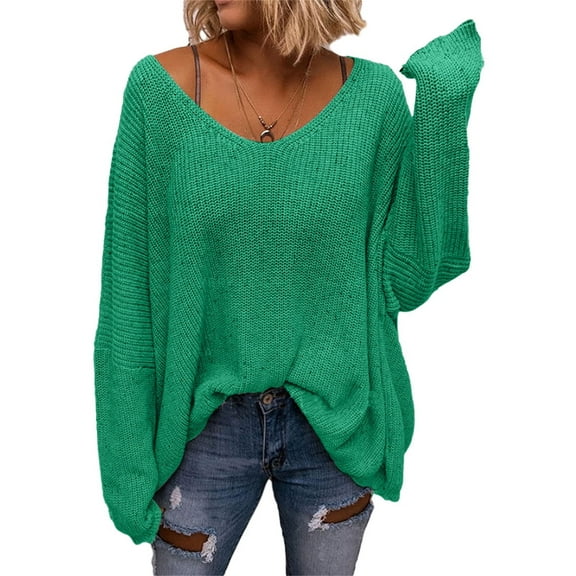 Long Sleeved Fall Winter Women V-neck Loose Sweater Oversize Knit Pullover