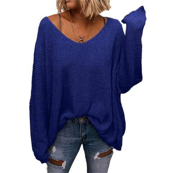 Long Sleeved Fall Winter Women V-neck Loose Sweater Oversize Knit Pullover