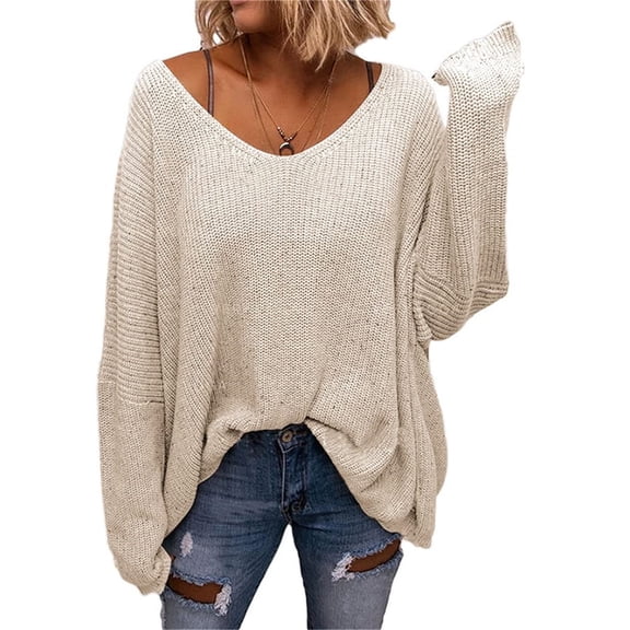 Long Sleeved Fall Winter Women V-neck Loose Sweater Oversize Knit Pullover