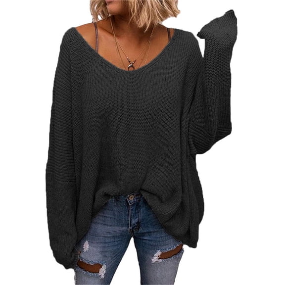Long Sleeved Fall Winter Women V-neck Loose Sweater Oversize Knit Pullover