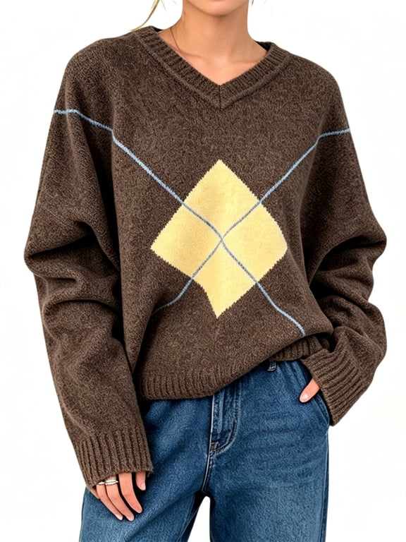Women's V Neck Long Sleeve Knit Sweater Oversized Argyle Pattern Casual Pullover Top