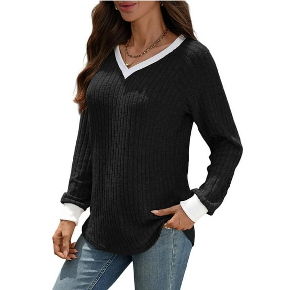 Women's V Neck Long Sleeve Knit Top Shirts Blouses Crewneck Loose Fit Solid Color Soft Stretch Casual Work Office Vacation Outfits Fashion Essential Gift for Women | Sopatenor,Black XL
