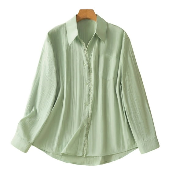 Women's V-Neck Long Sleeve Lace Trim Blouse Shirt with Patchwork Details for Casual Wear