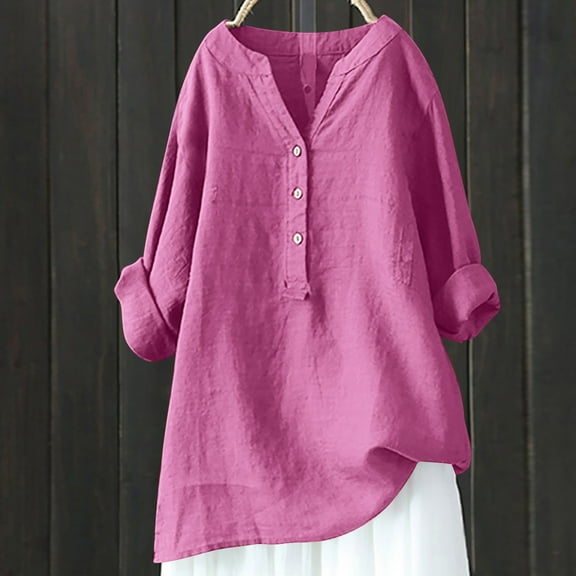 Women's V-Neck Long Sleeve Loose Button Cotton and Linen Tunic Shirts Summer Shirts Blouse