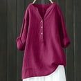 thumbnail image 1 of Women's V-Neck Long Sleeve Loose Button Cotton and Linen Tunic Summer Blouse, 1 of 6