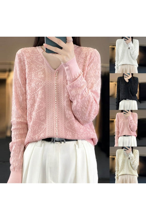 Women's V Neck Long Sleeve Loose Fit Sweater Knit Top Solid Color Soft Casual Daily Wear Business Office Fashion Essential Gift | CSEONE,Beige XL