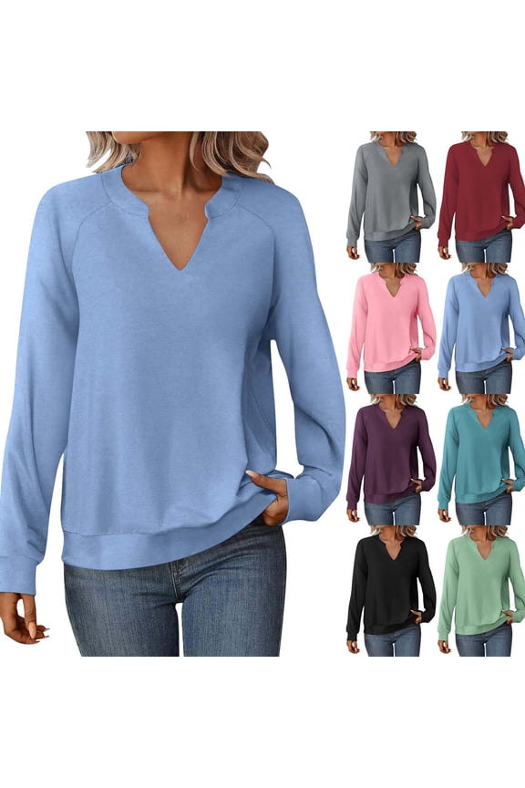 Women's V Neck Long Sleeve Loose Fit Sweatshirt Pullover Top Shirt Solid Color Casual Daily Wear Loungewear Travel Outfits Fashion Essential Gift for Women | Ihhddx,Blue L