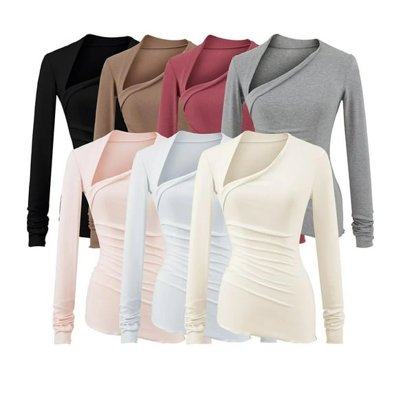 Women's V Neck Long Sleeve Loose Fit Tops Shirts Blouses Solid Color Plain Basic Tee Casual Daily Wear Work Office Vacation Fashion Essential for Women | Aestivo,Light Blue M