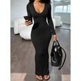 thumbnail image 1 of Women's V-Neck Long Sleeve Mermaid Maxi Dress, Solid Black Fitted Bodycon Elegant Dress, 1 of 11