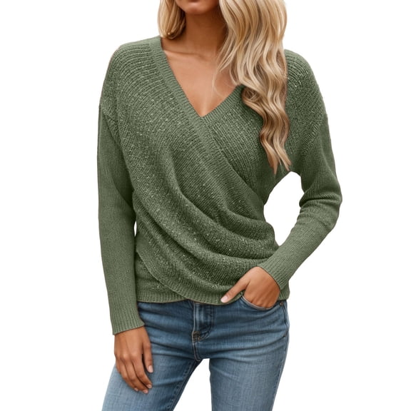 Women's V Neck Long Sleeve Off Shoulder Sweaters Criss Cross Wrap Ruched Pullover Fall Tops Army Green S