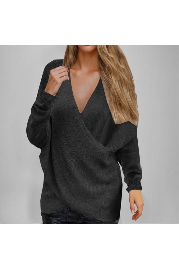 Women's V Neck Long Sleeve Off Shoulder Sweaters Criss Cross Wrap Ruched Pullover Fall Tops Black XXXL