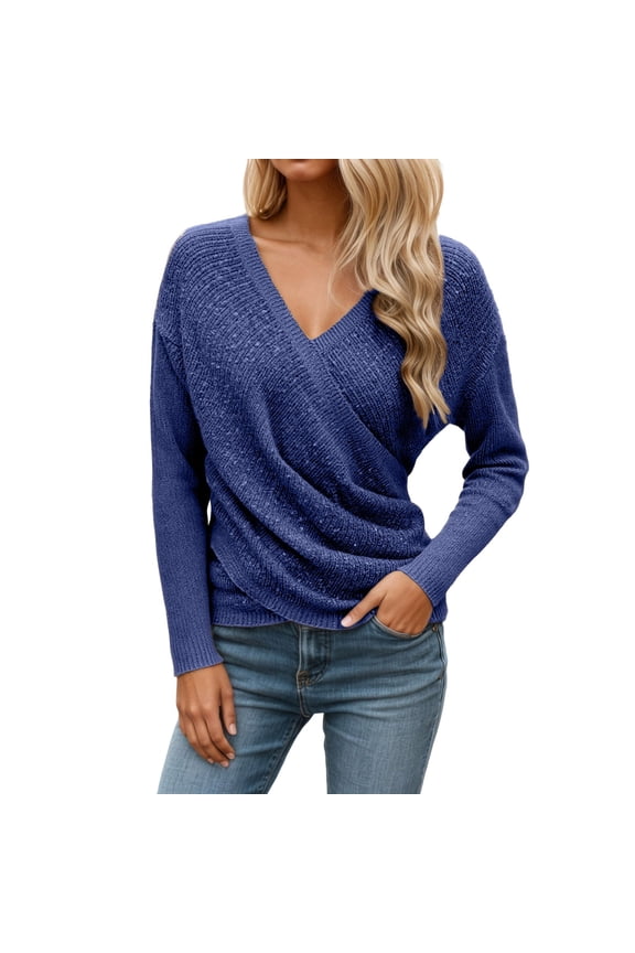 Women's V Neck Long Sleeve Off Shoulder Sweaters Criss Cross Wrap Ruched Pullover Fall Tops Blue M