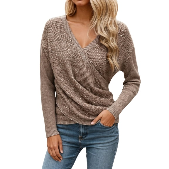 Women's V Neck Long Sleeve Off Shoulder Sweaters Criss Cross Wrap Ruched Pullover Fall Tops Khaki S