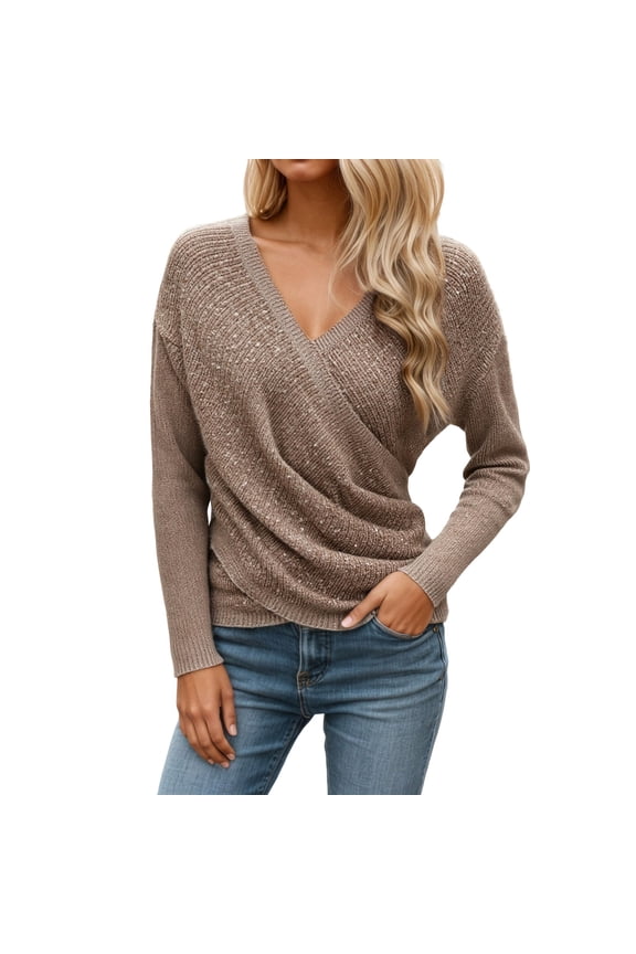 Women's V Neck Long Sleeve Off Shoulder Sweaters Criss Cross Wrap Ruched Pullover Fall Tops Khaki S