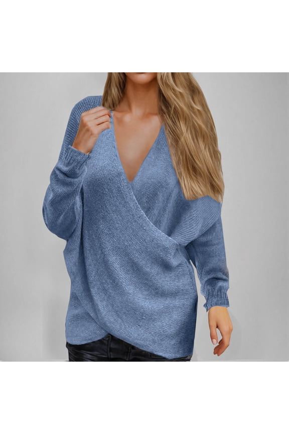 Women's V Neck Long Sleeve Off Shoulder Sweaters Criss Cross Wrap Ruched Pullover Fall Tops Navy M