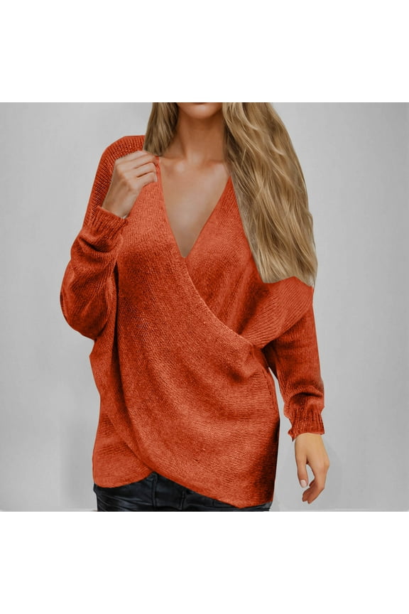 Women's V Neck Long Sleeve Off Shoulder Sweaters Criss Cross Wrap Ruched Pullover Fall Tops Orange XXXL