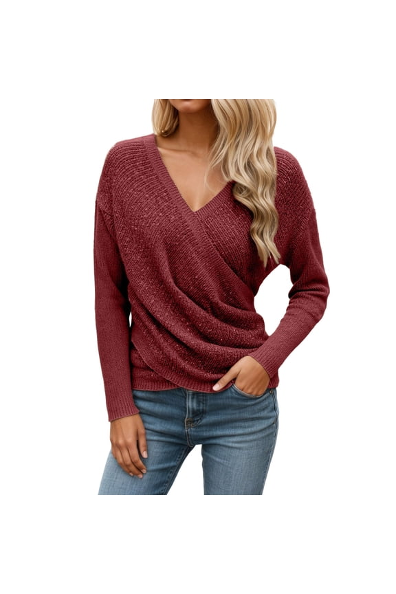 Women's V Neck Long Sleeve Off Shoulder Sweaters Criss Cross Wrap Ruched Pullover Fall Tops Red L