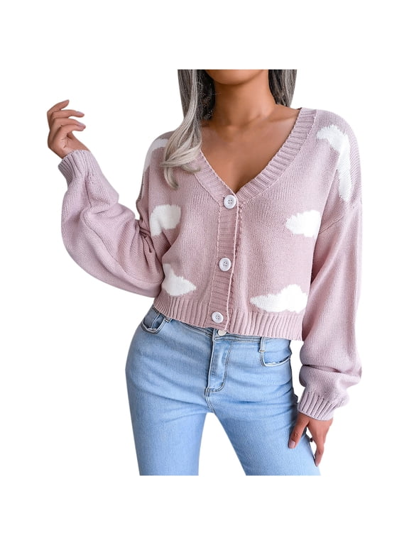 Women's V Neck Long Sleeve Open Front Sweaters Button Down Cardigan Clouds Printed Comfy Knit Sweater Jumper