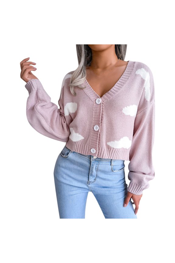 Women's V Neck Long Sleeve Open Front Sweaters Button Down Cardigan Clouds Printed Comfy Knit Sweater Jumper