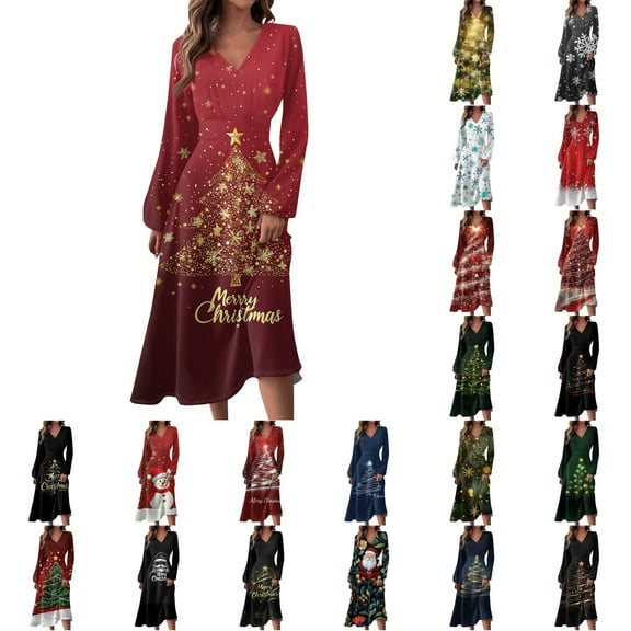 Women's V-Neck Long Sleeve Print Long Dress with Christmas Tree Snowman Snowflake AI Design, Casual Fashion Fall and Winter Dress for Holiday Parties and Everyday,Red,M