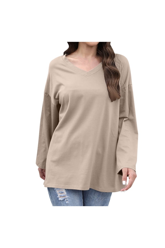 Women's V-Neck Long Sleeve Printed Blouse Casual Loose Drop Shoulder Shirt Top for Women