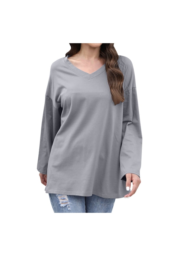 Women's V-Neck Long Sleeve Printed Blouse Casual Loose Drop Shoulder Shirt Top for Women
