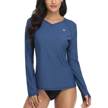Women's V-Neck Long Sleeve Rashguard Swimwear UPF 50+ Athletic Shirt Surfing Top