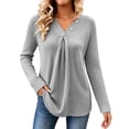 thumbnail image 1 of Women's V Neck Long Sleeve Ribbed Knit Tunic Tops Button Decor Pleated Front Casual Loose Fit Blouse Fall Winter Fashion Sweater Gray, 1 of 9
