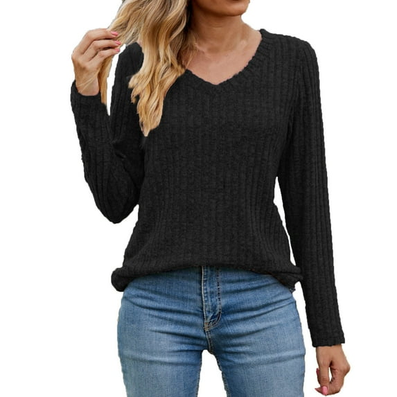 Women's V Neck Long Sleeve Ribbed Loose Fit Pullover Casual Plain T Shirt Tee Light Weight Sweater Tops Fall (Medium, Black)