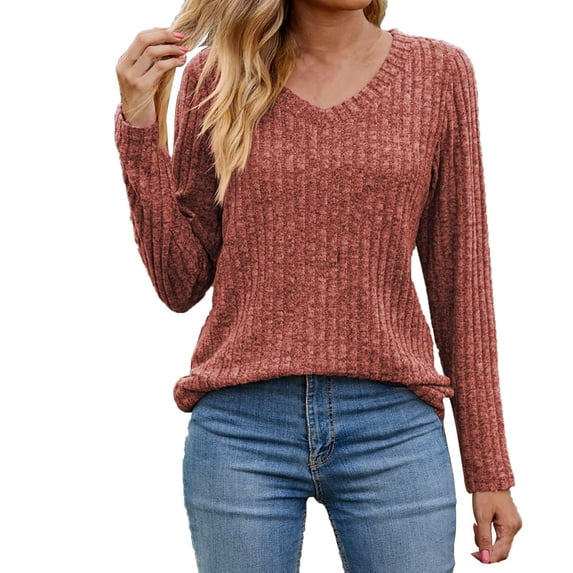 Women's V Neck Long Sleeve Ribbed Loose Fit Pullover Casual Plain T Shirt Tee Light Weight Sweater Tops Fall (XX-Large, Red)