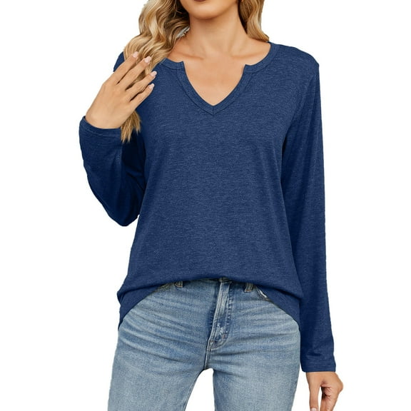 Women's V-Neck Long Sleeve Shirt - Basic Loose Fit T-Shirt, Comfortable Stretch Casual Top for Layering | Yubnlvae (Navy | XXL)