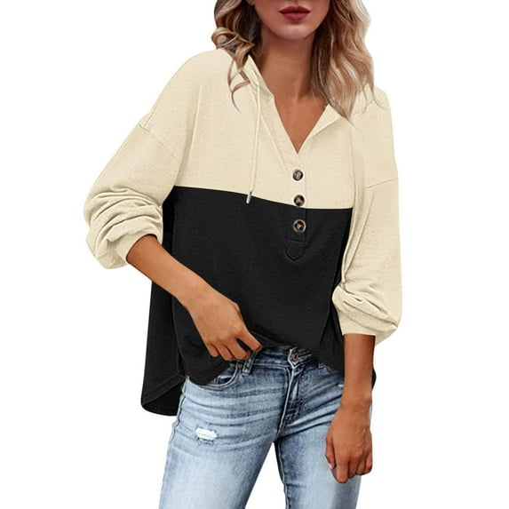 Women's V-Neck Long Sleeve Shirt Button Sweatshirt Jacket Casual Oversized Sweater Color Block Hoodies Fall Clothes for Women 2025 (Black XL)