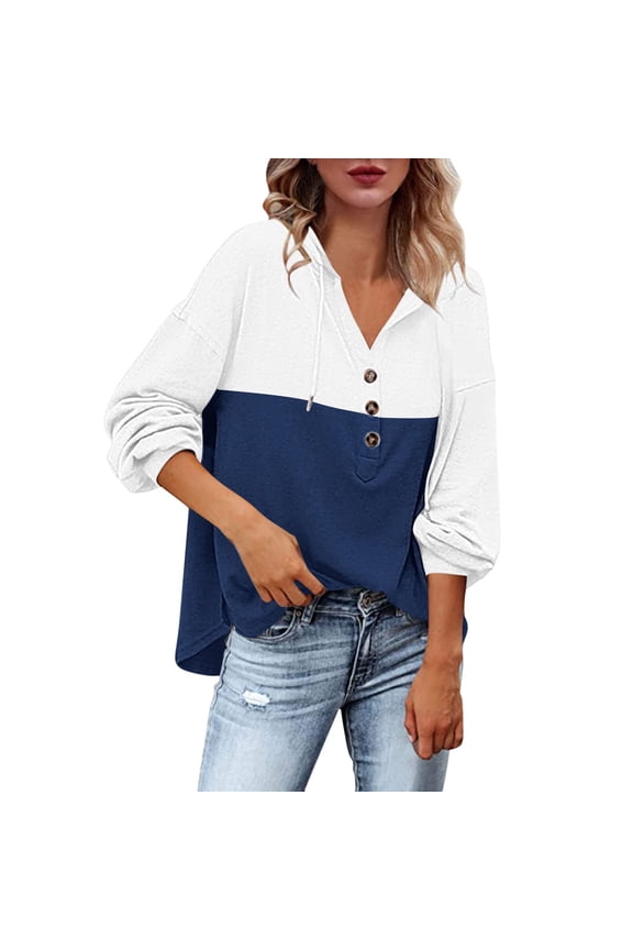 Women's V-Neck Long Sleeve Shirt Button Sweatshirt Jacket Casual Oversized Sweater Color Block Hoodies Fall Clothes for Women 2025 (Blue 2XL)